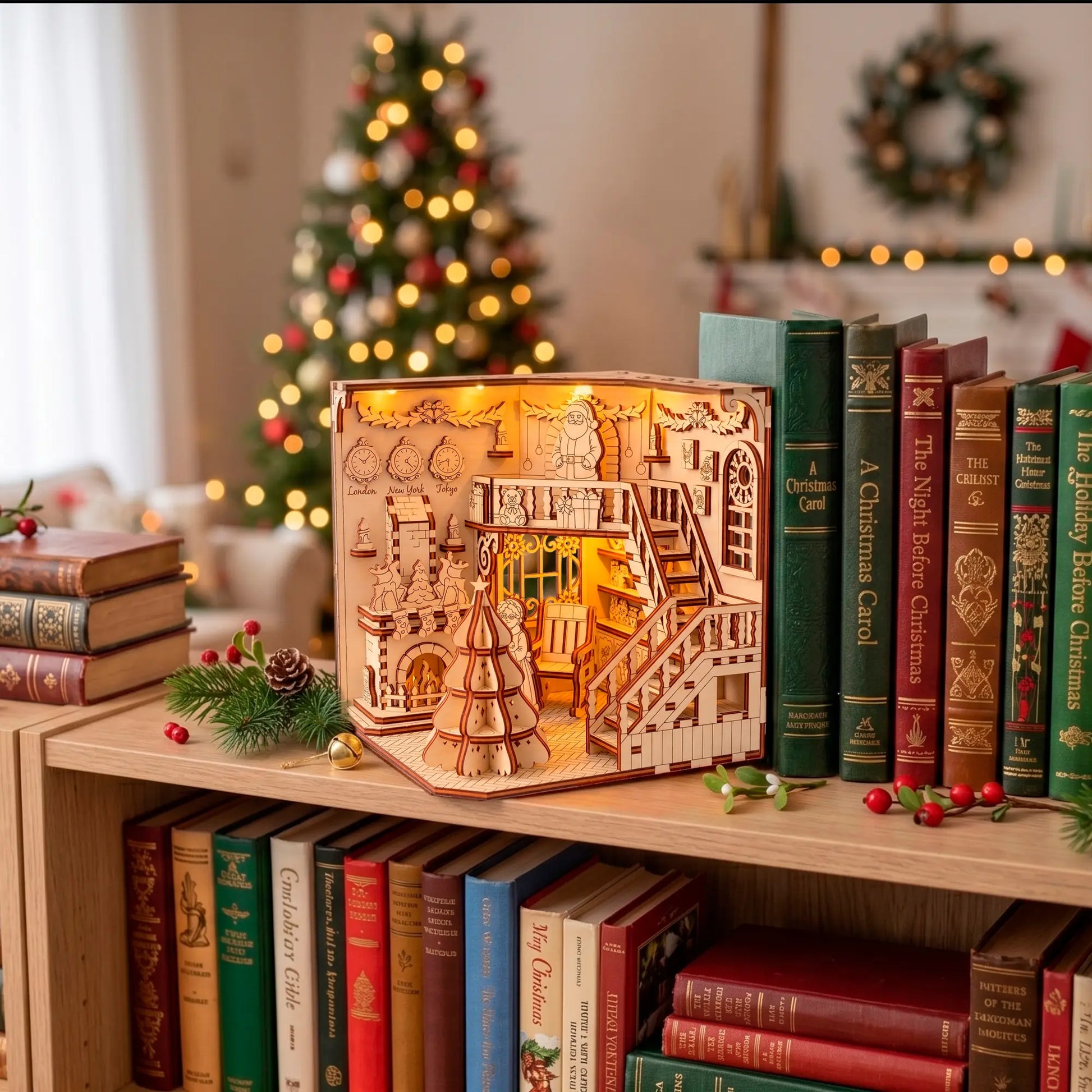 Illuminated laser cut plywood Christmas book nook on a bookshelf with festive books and a blurred bokeh tree backdrop.