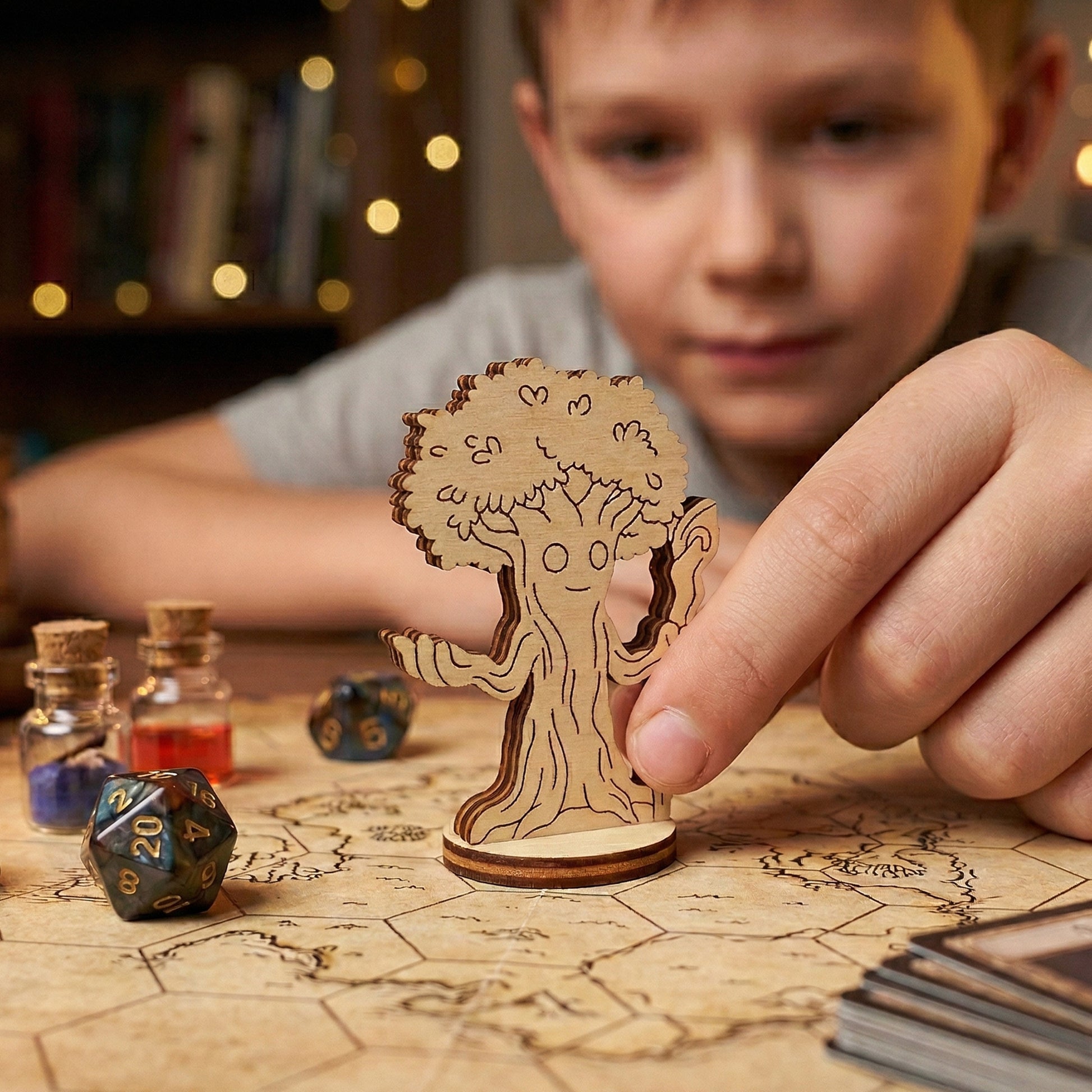 A close-up view of a laser-cut plywood forest mage miniature being played on a hexagonal tabletop game map. A hand moves the sentient tree character among RPG accessories, including a d20 die and small potion jars, during a gaming session.