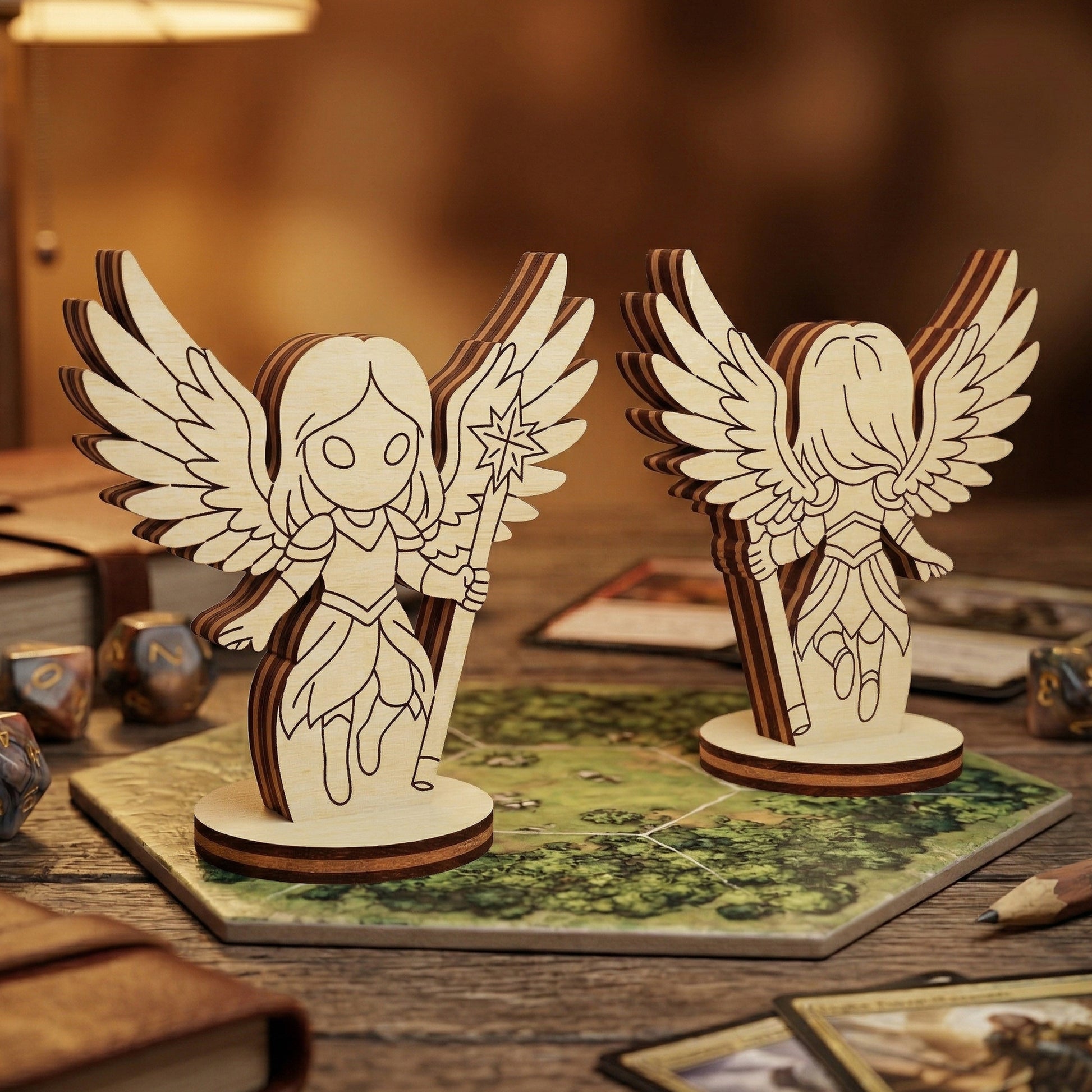 Front and back views of a 3D laser-cut plywood celestial angel figurine. The chibi-style angel character features intricately layered wings and a star-tipped staff. Displayed on a hexagonal tabletop gaming map surrounded by RPG accessories like polyhedral dice and cards in a cozy, fantasy-themed setting.