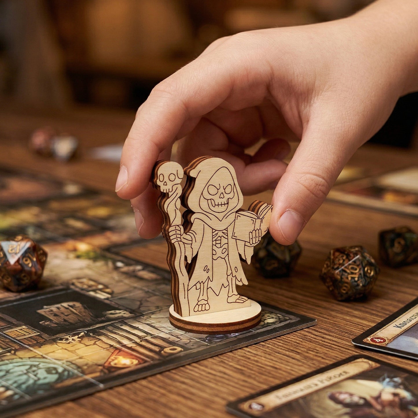 An action shot of a person's hand placing a wooden laser-cut necromancer figurine on a dungeon-themed tabletop game board. Surrounded by polyhedral dice and gaming cards, highlighting the figurine's scale and use in a roleplaying game.