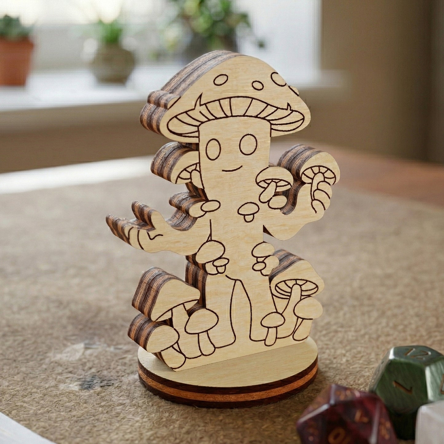 Close-up of a mushroom person figurine crafted from laser cut plywood, featuring intricate engraved patterns and a round base.