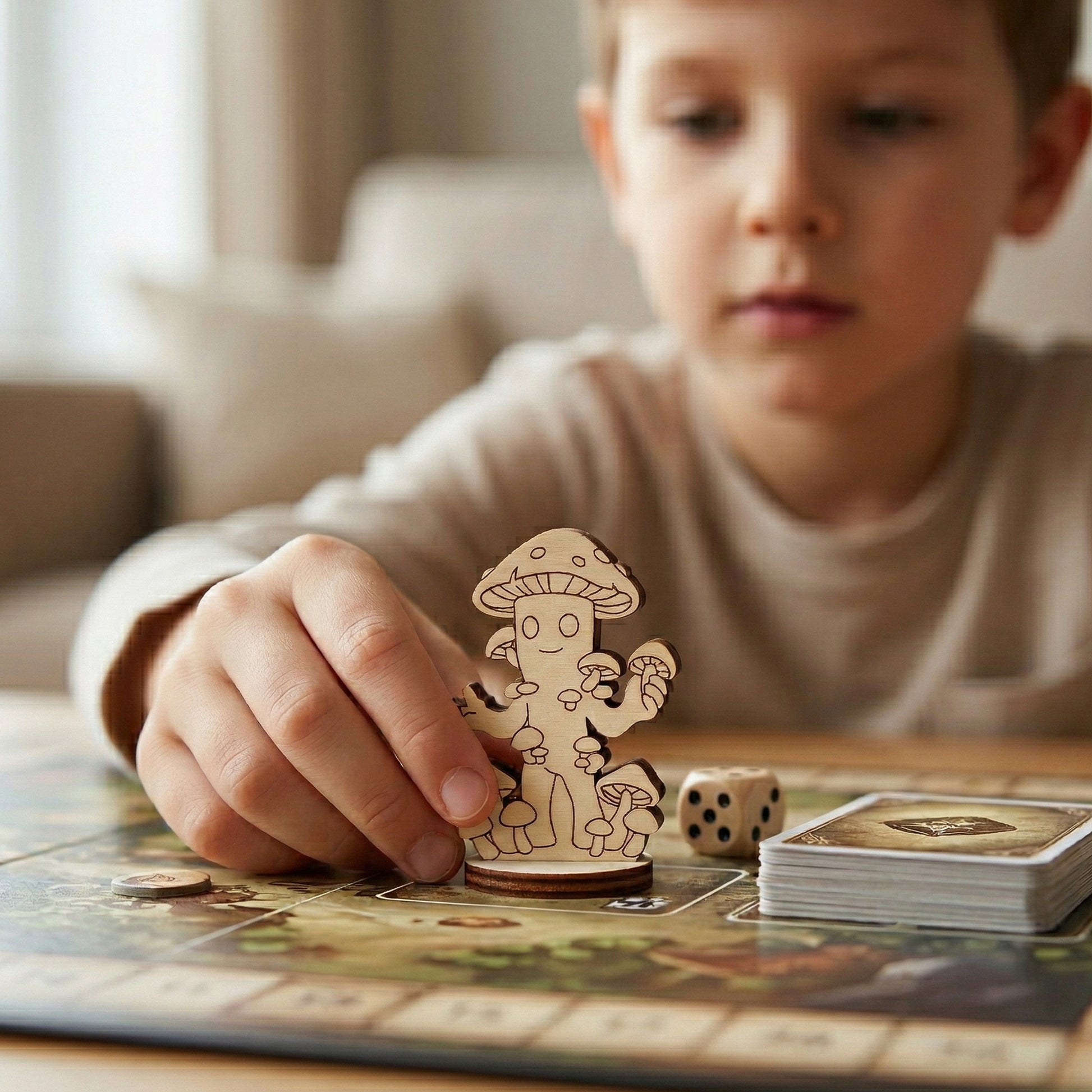 A child’s hand placing a laser cut plywood mushroom folk miniature onto a colorful board game map during a tabletop session.