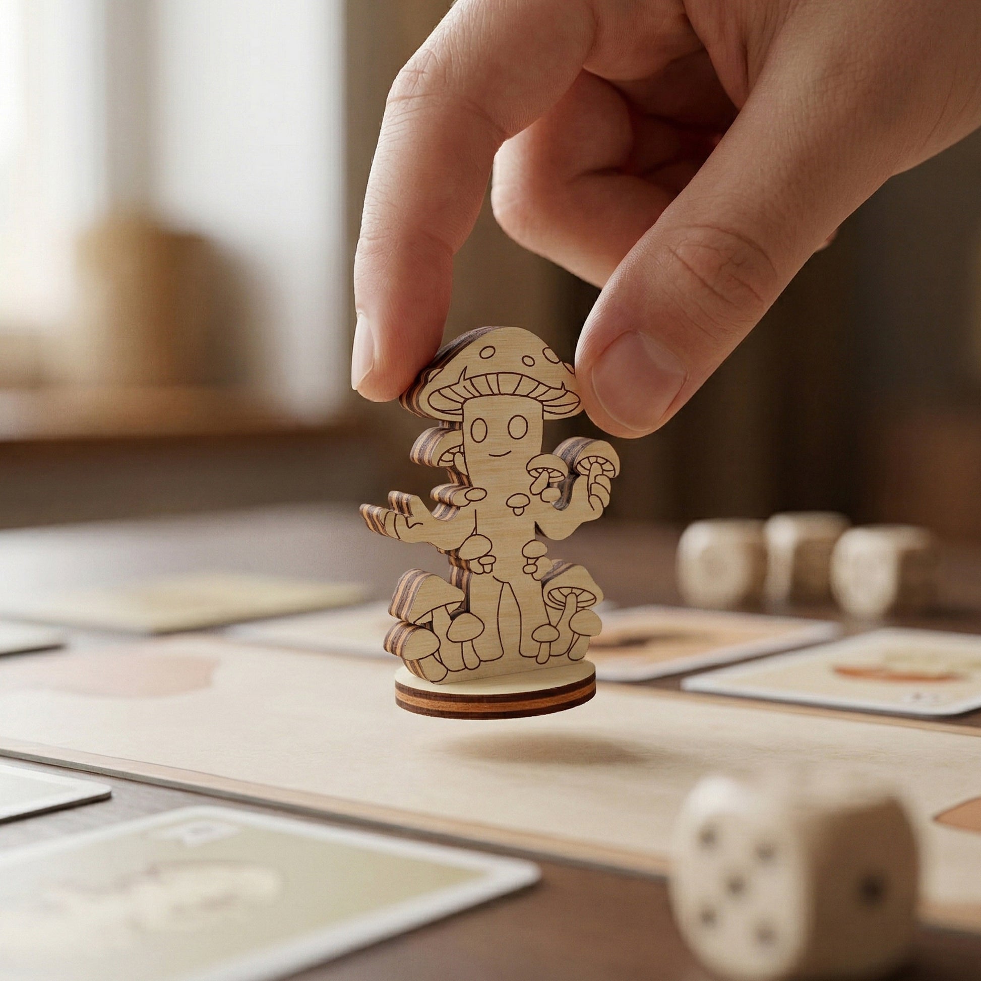 Hand holding a laser cut plywood mushroom folk figurine above a game board, showcasing the layered wood texture and scale.