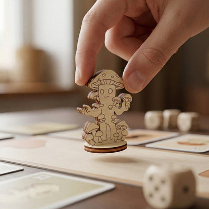 Hand holding a laser cut plywood mushroom folk figurine above a game board, showcasing the layered wood texture and scale.