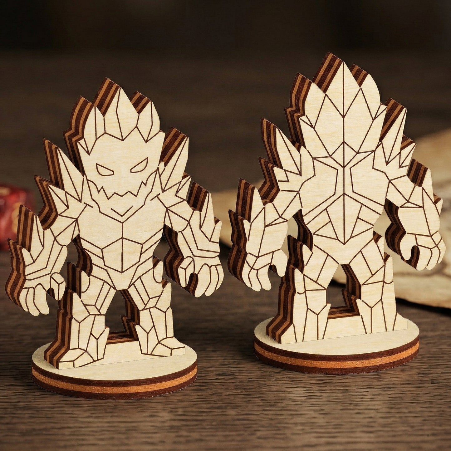 Front and back of a crystal golem made of laser cut plywood, standing on a wooden table with gaming dice and a fantasy map.