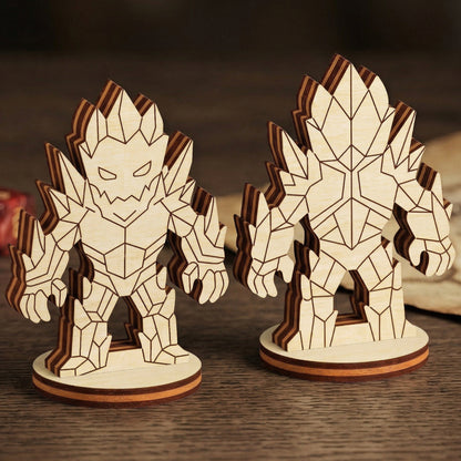 Front and back of a crystal golem made of laser cut plywood, standing on a wooden table with gaming dice and a fantasy map.