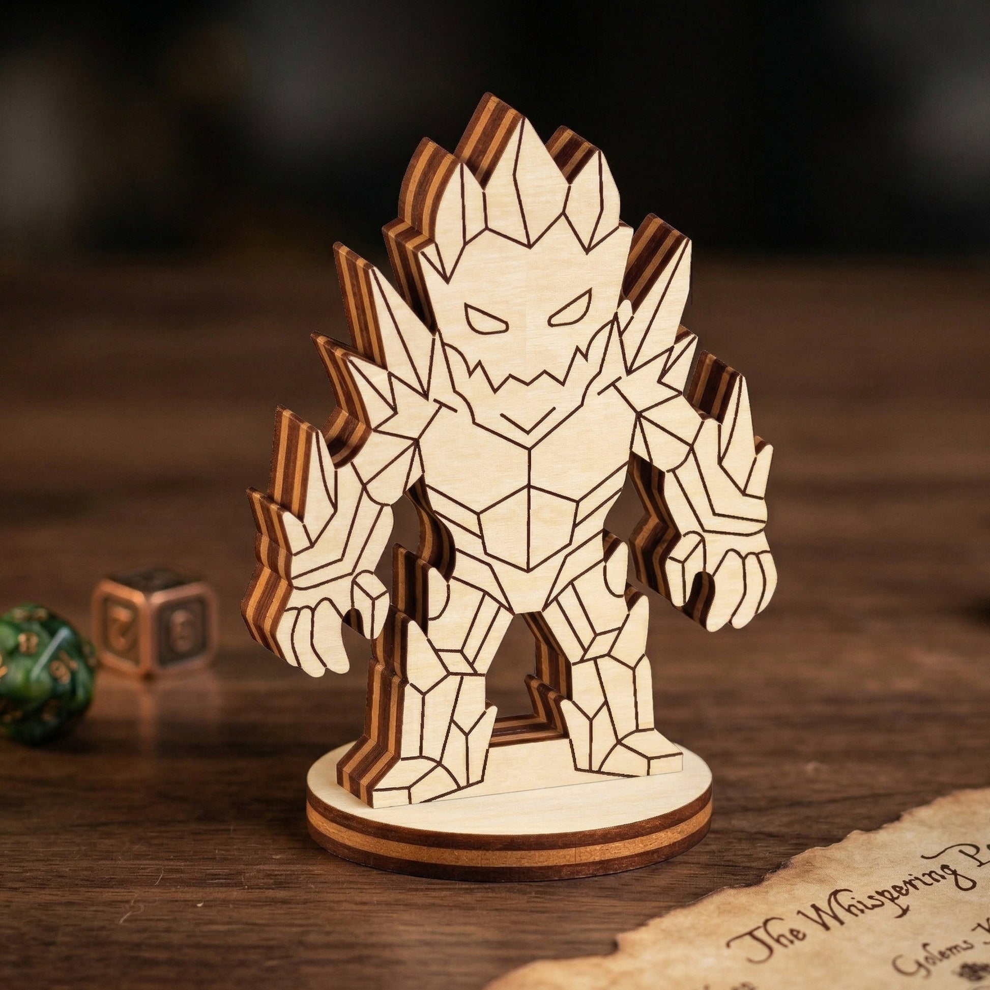 Close-up of a laser cut plywood crystal golem figurine showing intricate geometric engravings and layered wood texture.