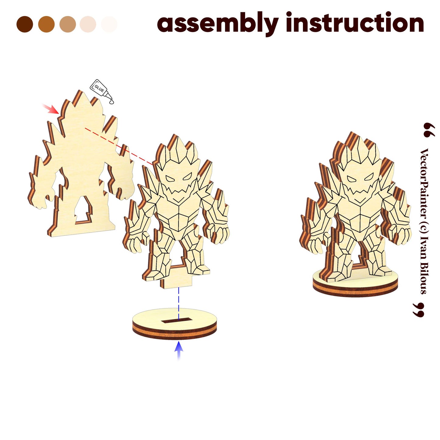 Step-by-step assembly laser cut instruction for a wooden figure on a white background