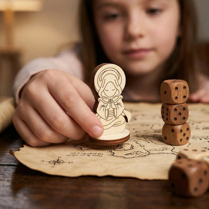 Hand holding a laser cut plywood holy monk figurine over a fantasy map to show scale. Wooden dice stacked in the background.