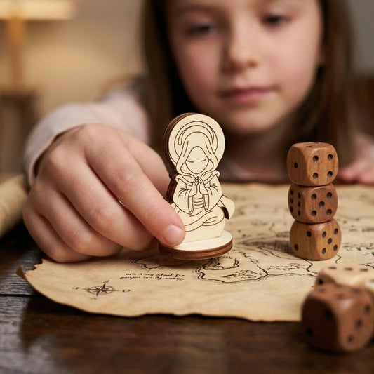 Hand holding a laser cut plywood holy monk figurine over a fantasy map to show scale. Wooden dice stacked in the background.