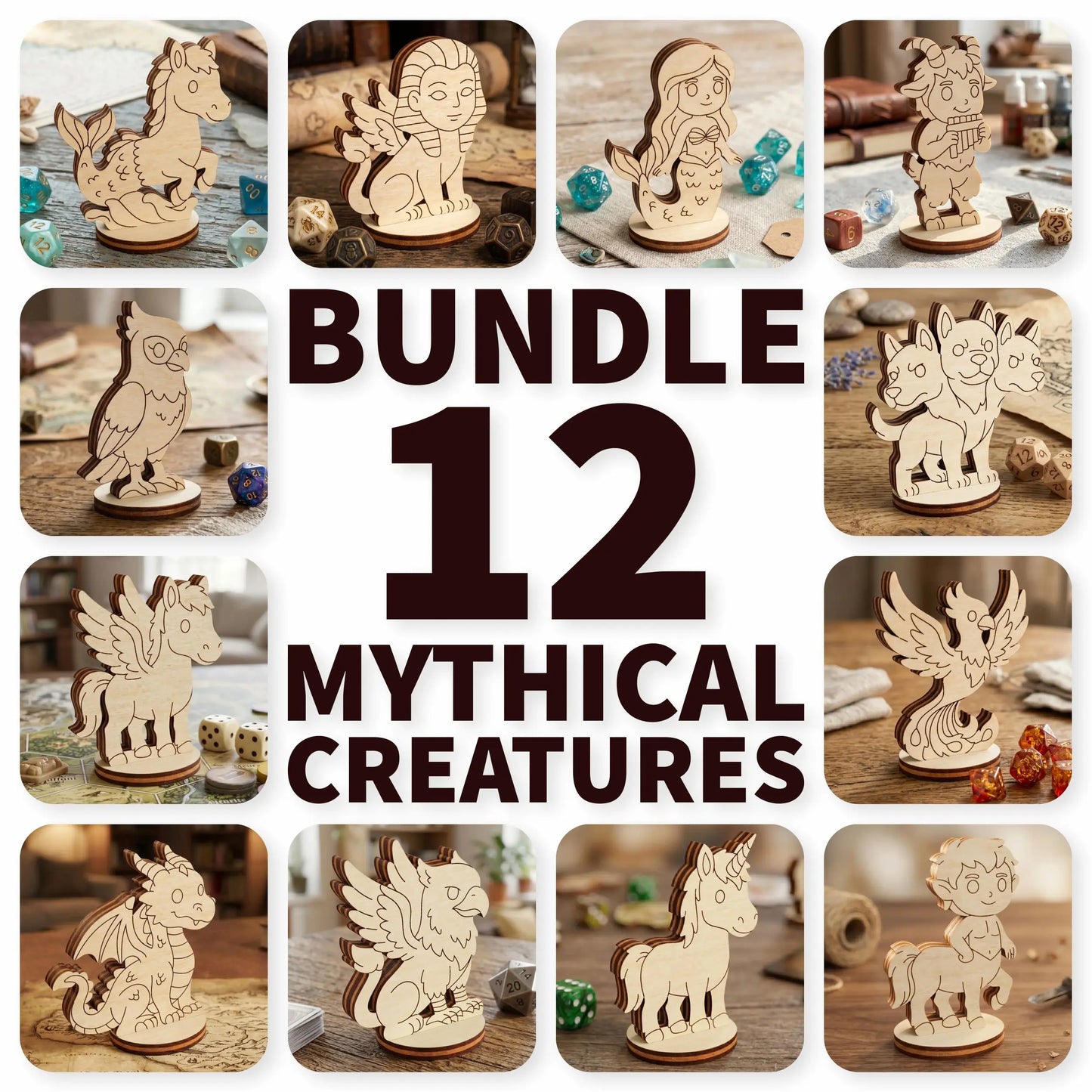 Collage of 12 wooden mythical creature laser cut models with text 'Bundle 12 Mythical Creatures'.