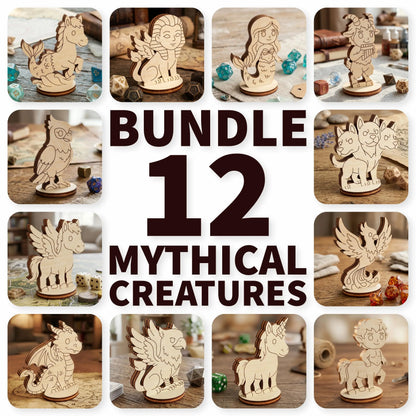 Collage of 12 wooden mythical creature laser cut models with text 'Bundle 12 Mythical Creatures'.