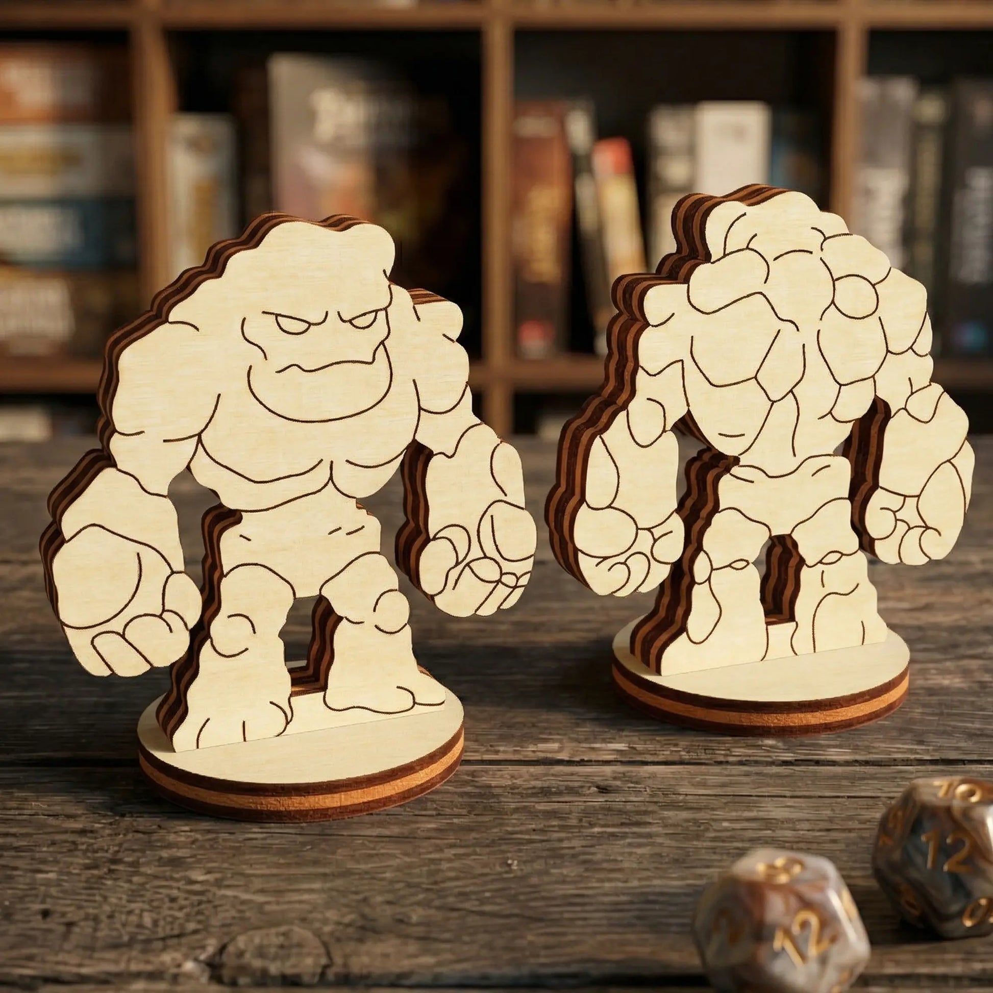 Front and back view of a stone golem miniature made of laser cut plywood, set on a wooden table with game dice and books.