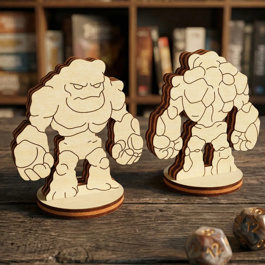 Front and back view of a stone golem miniature made of laser cut plywood, set on a wooden table with game dice and books.