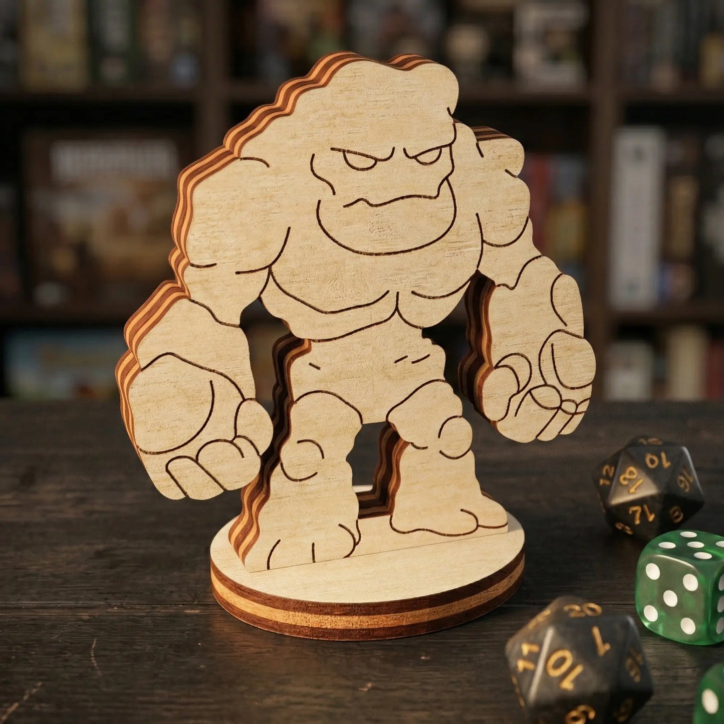 Detailed view of a stone golem tabletop figurine in laser cut plywood, featuring engraved muscles and an angry rocky silhouette.