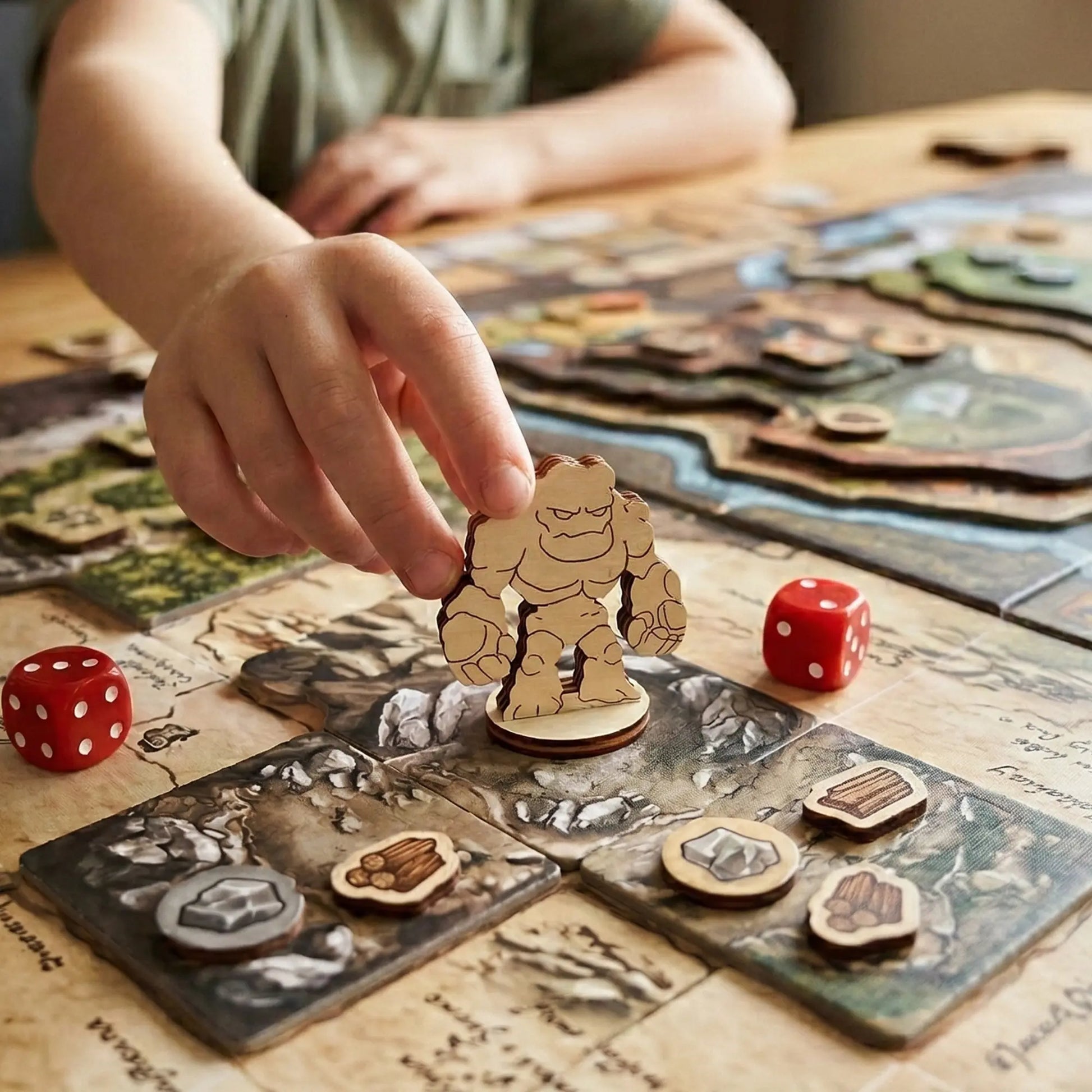A hand moves a laser cut plywood stone golem across a tabletop game board with map tiles and red dice to show product scale.