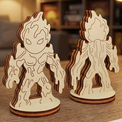 Front and back views of a lava elemental made of laser cut plywood. Stands on a table with RPG dice and a character sheet.