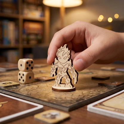 Hand placing a laser cut plywood lava elemental figurine on a grid game map, highlighting its use as a tabletop gaming miniature