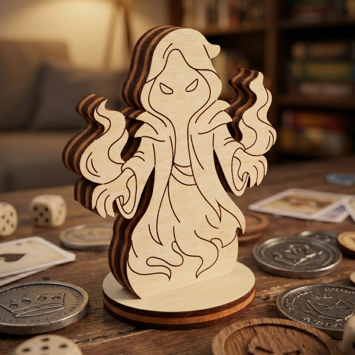 Detailed front view of a laser cut plywood shadow mage figurine with engraved eyes and robes, surrounded by gaming coins and dice.