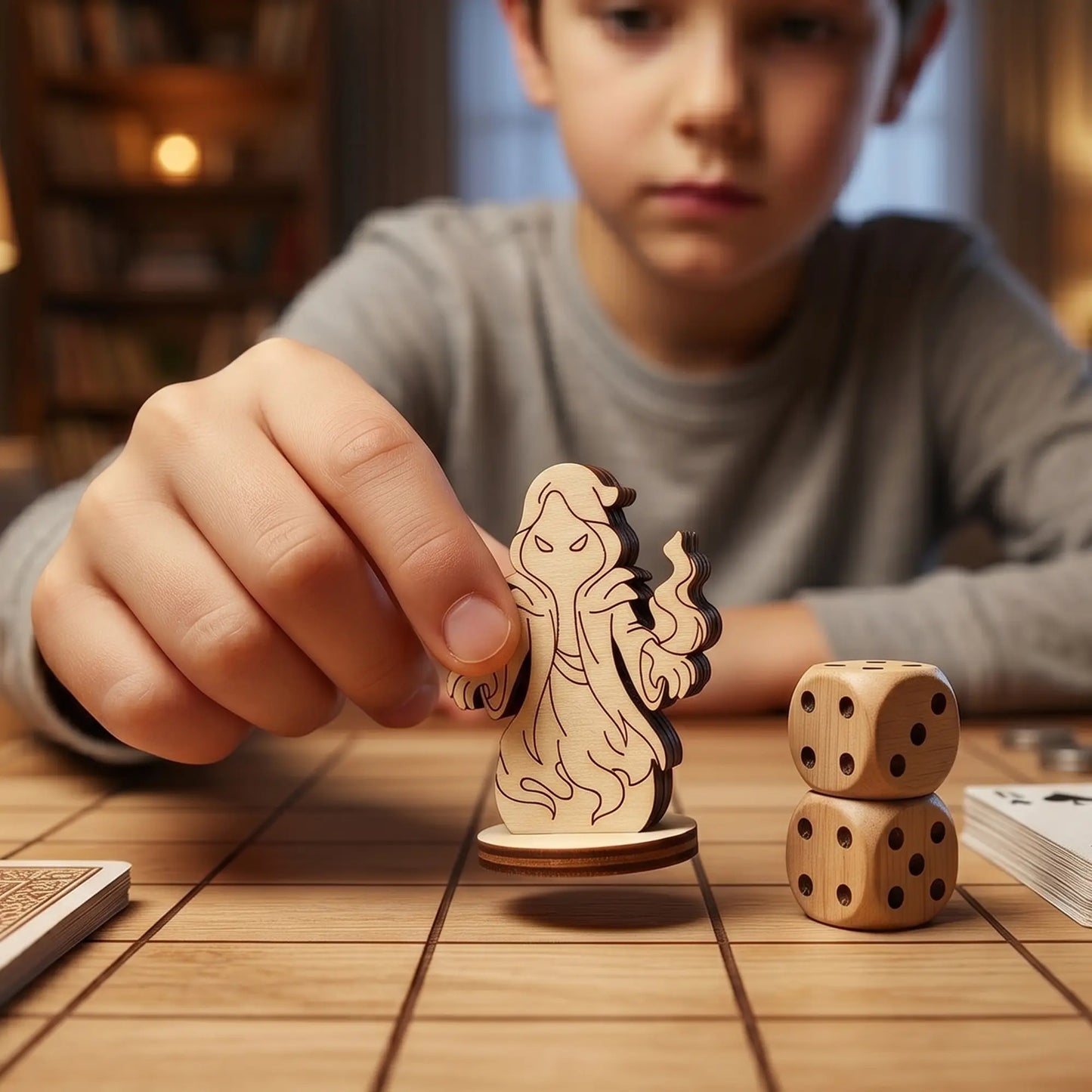 A child's hand moves a laser cut plywood shadow mage figurine on a grid board next to stacked wooden dice to show the item scale.
