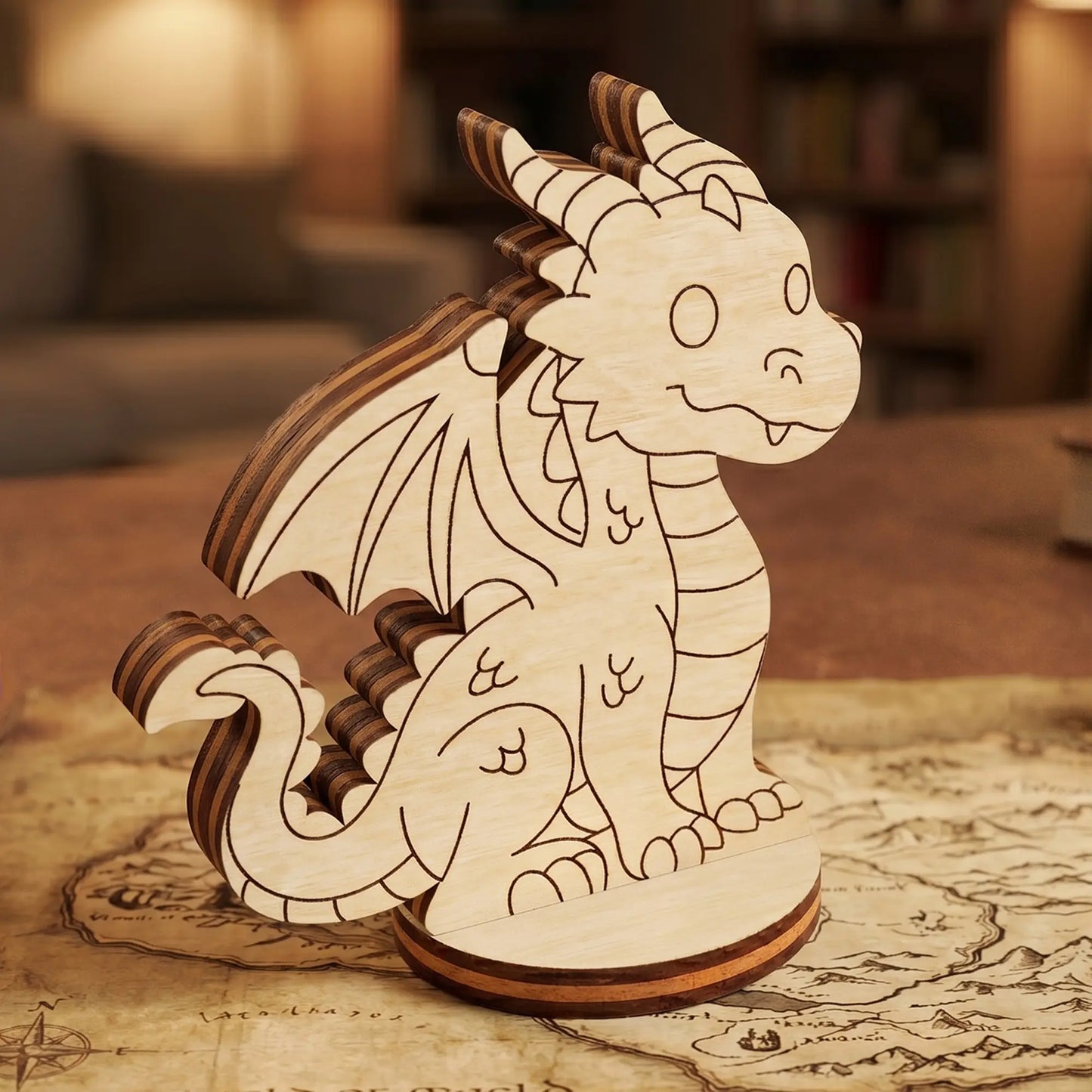 Detailed side view of a laser cut plywood dragon figurine with engraved scales and wings, standing on a vintage style fantasy map.