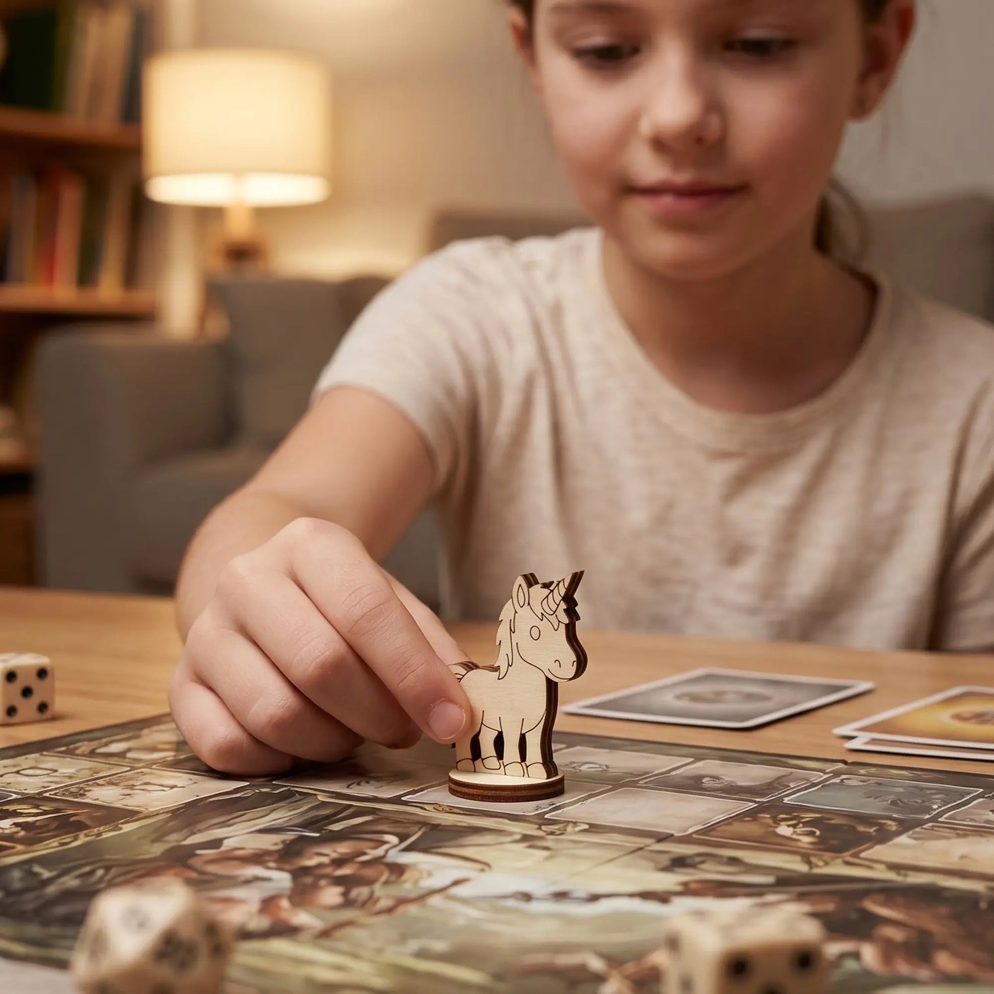 A child holds a small unicorn figurine made of laser cut plywood over a fantasy board game, showing the product's small scale.