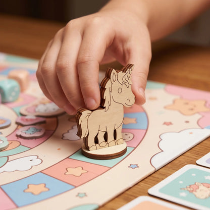 Hand moving a laser cut plywood unicorn figurine along a colorful, cloud-themed board game with pastel cards in the foreground.