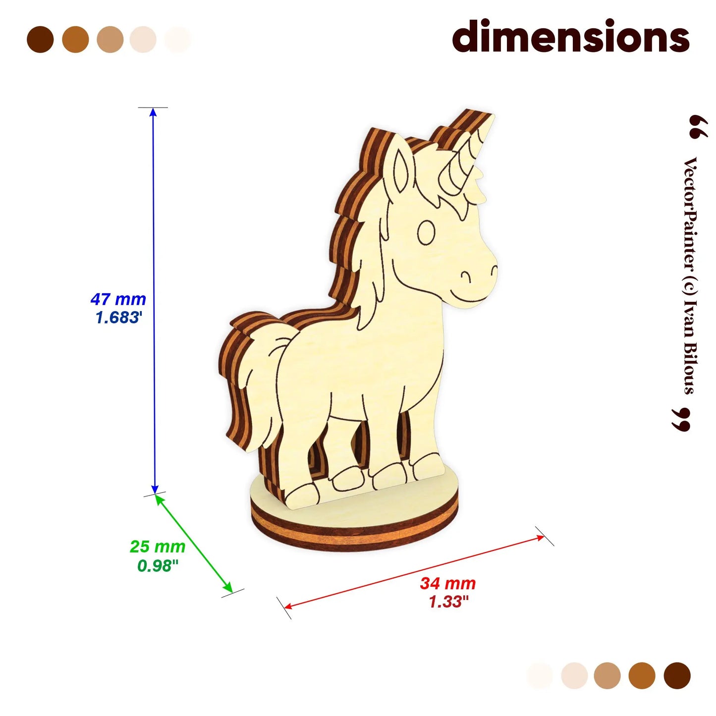 Dimensions diagram of the laser cut plywood unicorn figurine: 47mm height, 34mm length, and 25mm width for assembly planning.