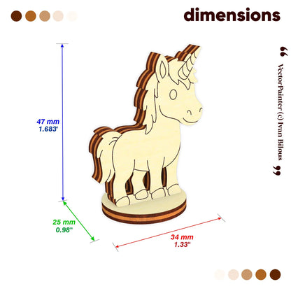 Dimensions diagram of the laser cut plywood unicorn figurine: 47mm height, 34mm length, and 25mm width for assembly planning.