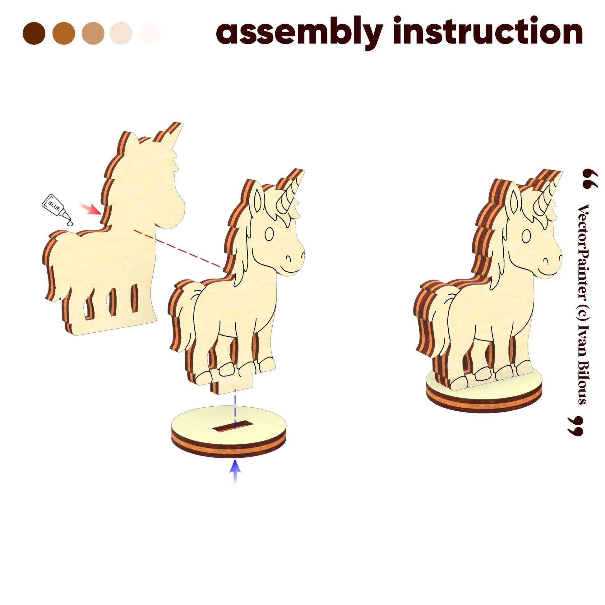 Assembly instruction graphic for laser cut plywood unicorn figurine, showing how to glue layered parts onto the round base.