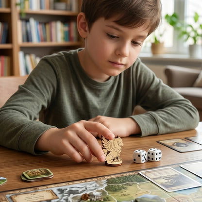 A young boy holding a laser cut plywood griffin figurine over a colorful board game map, demonstrating the product scale.