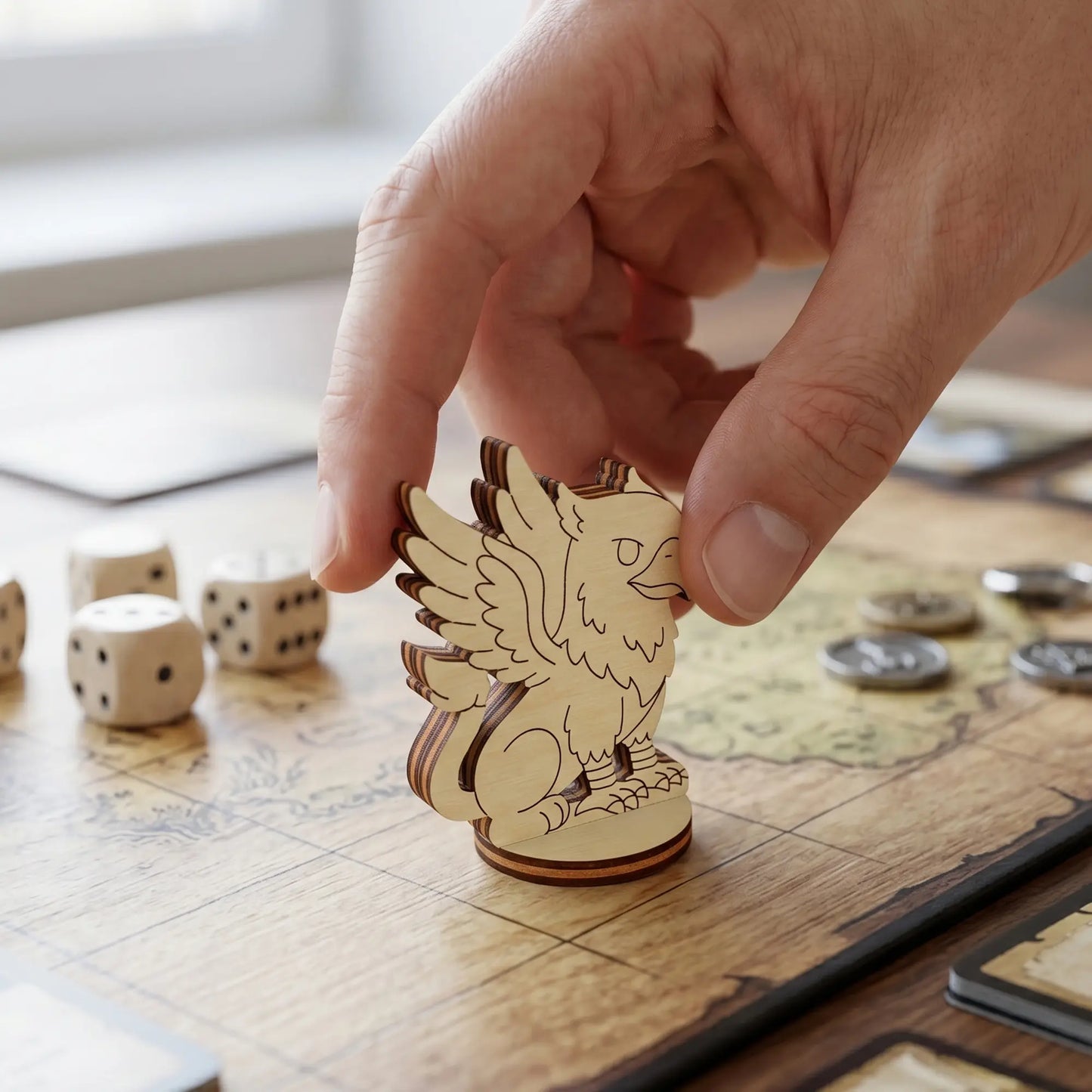 Adult hand placing a laser cut plywood griffin figurine on a square grid game map with coins and dice in the background.