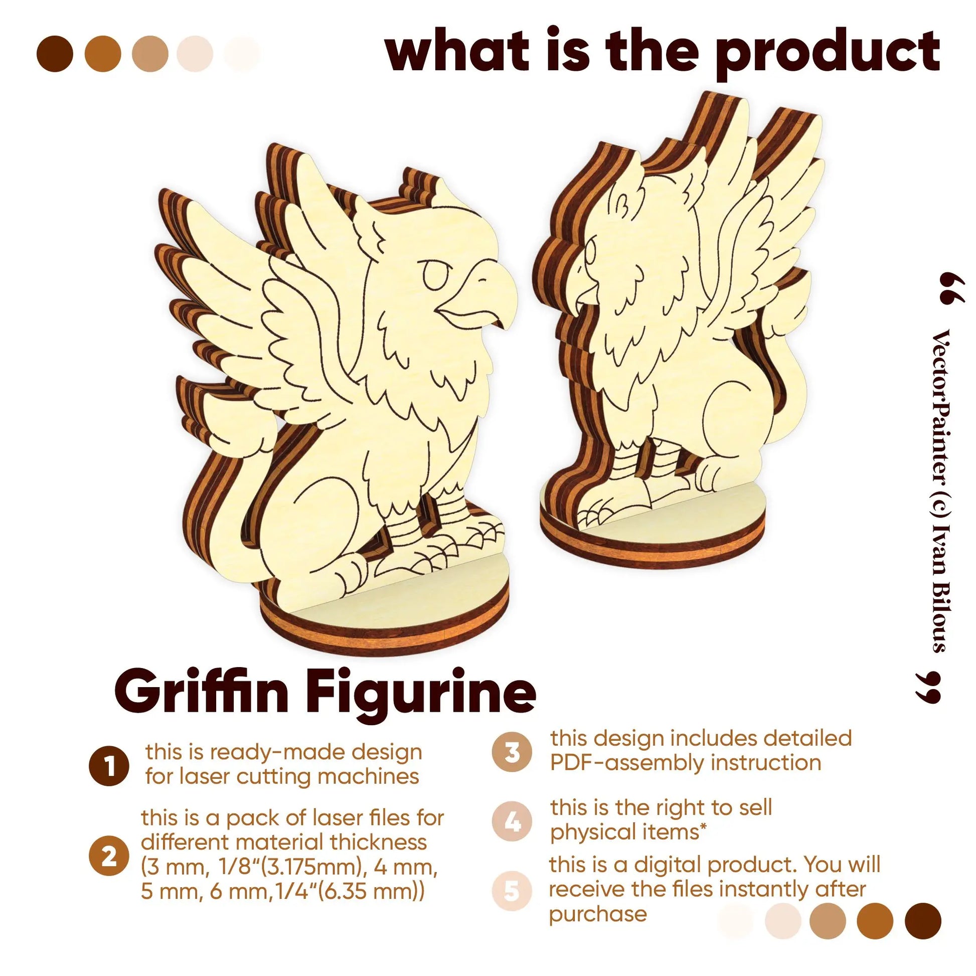 Graphical product overview showing front and back views of a griffin figurine to be made from laser cut plywood digital files.