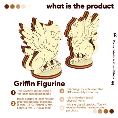 Graphical product overview showing front and back views of a griffin figurine to be made from laser cut plywood digital files.