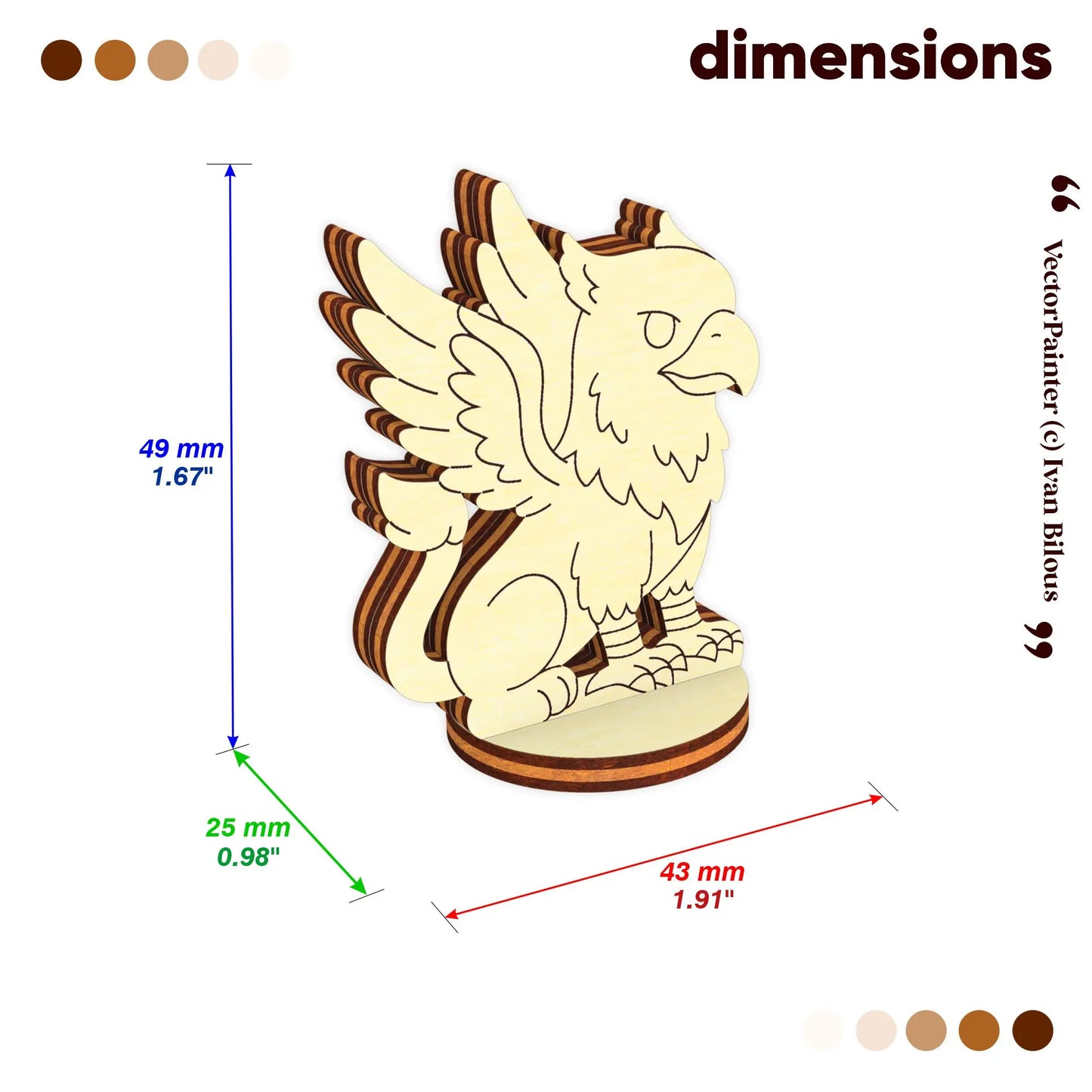 Dimension chart showing the height, length, and width of the assembled griffin figurine made from 3mm laser cut plywood sheets.