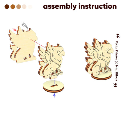 Exploded assembly diagram for the griffin figurine, illustrating how to glue and join the laser cut plywood pieces and base
