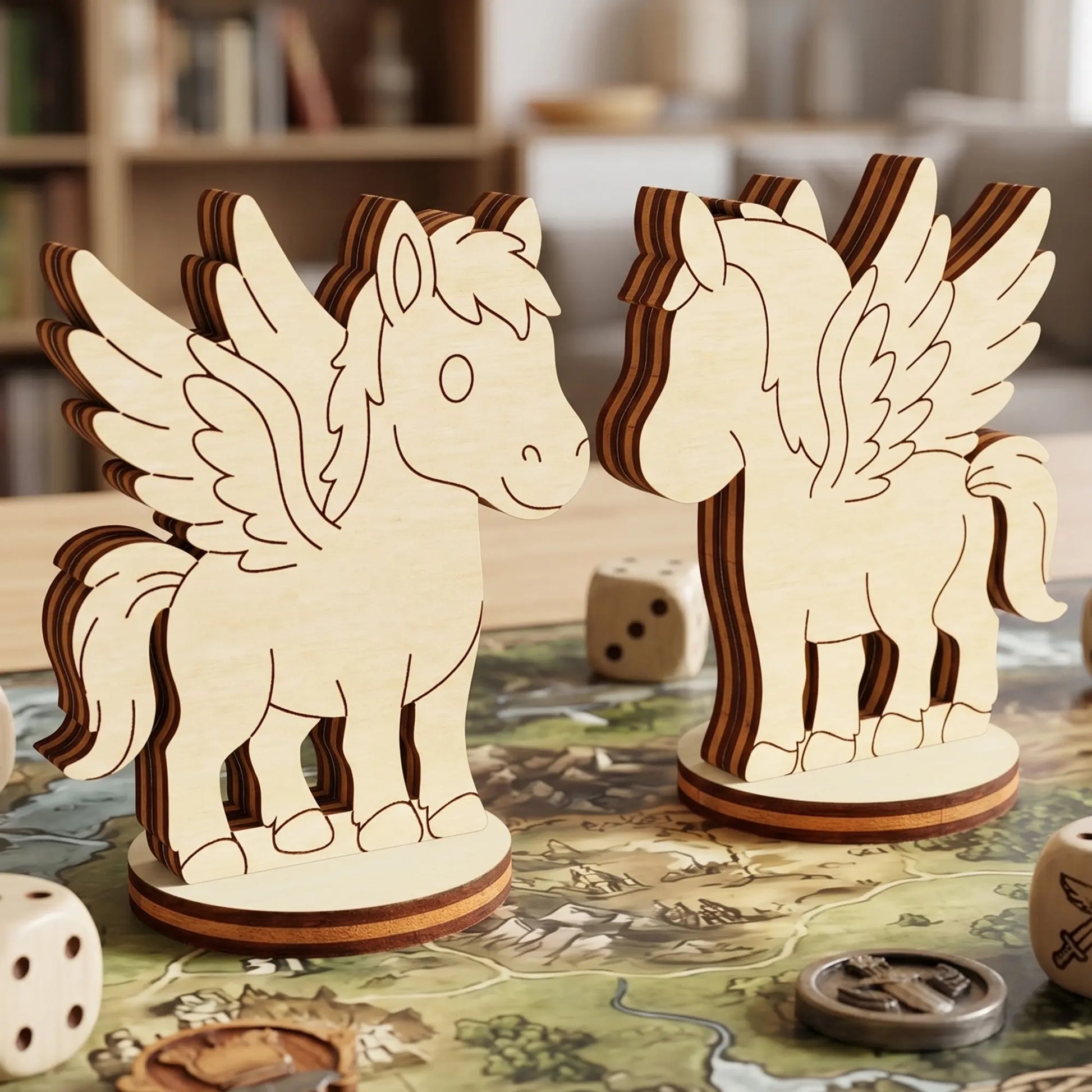 Front and back views of two pegasus figurines made of laser cut plywood, standing on a fantasy map with wooden gaming dice.