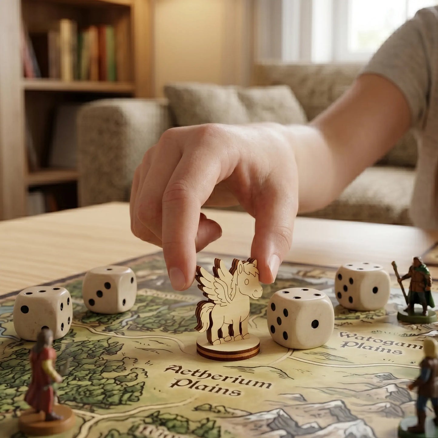 A hand placing a laser cut plywood pegasus figurine on a board game map next to dice and minis, showcasing its scale and detail.