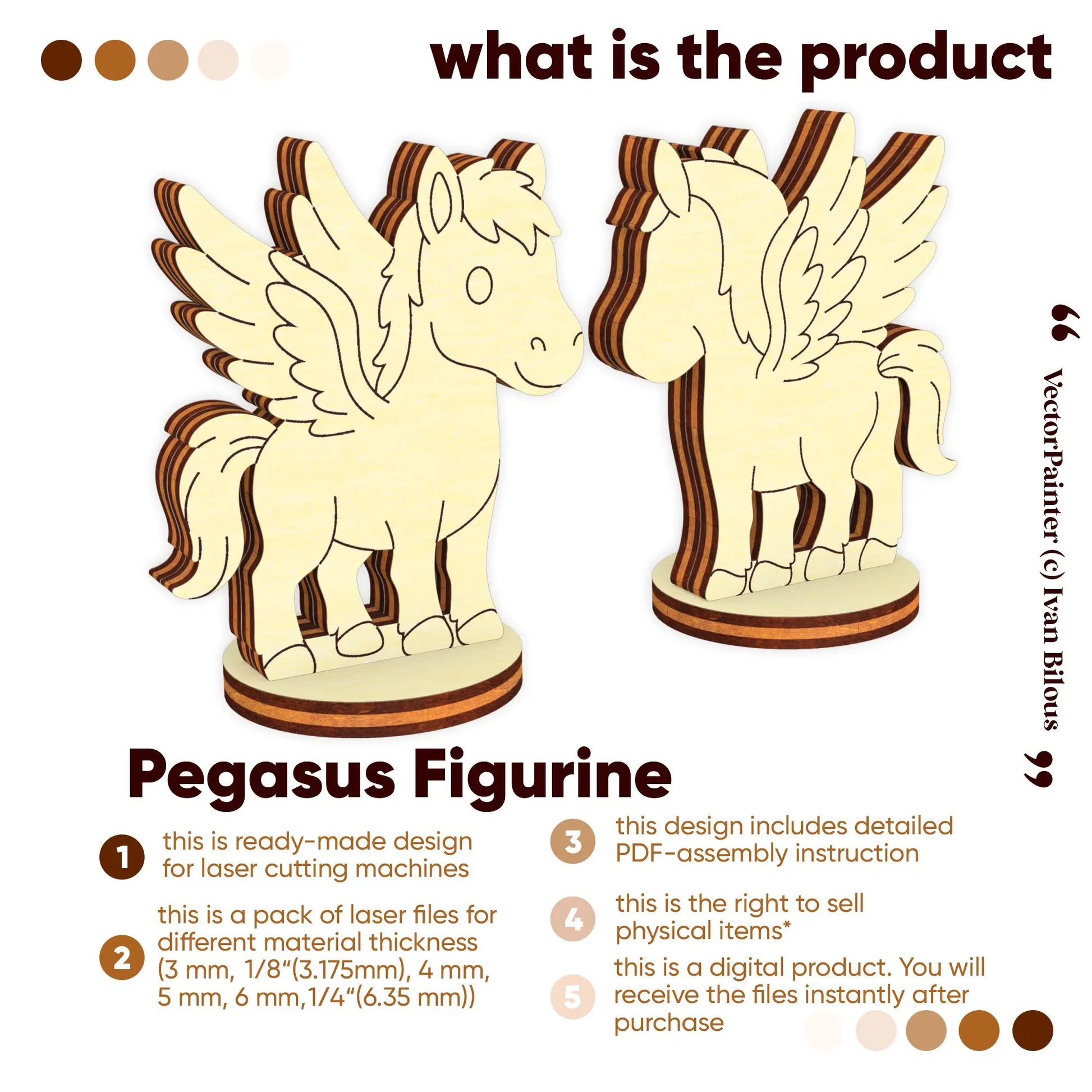 Front and back views of a Pegasus figurine made of laser cut plywood. Infographic lists product features and digital file info.