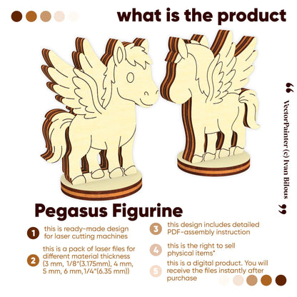Front and back views of a Pegasus figurine made of laser cut plywood. Infographic lists product features and digital file info.