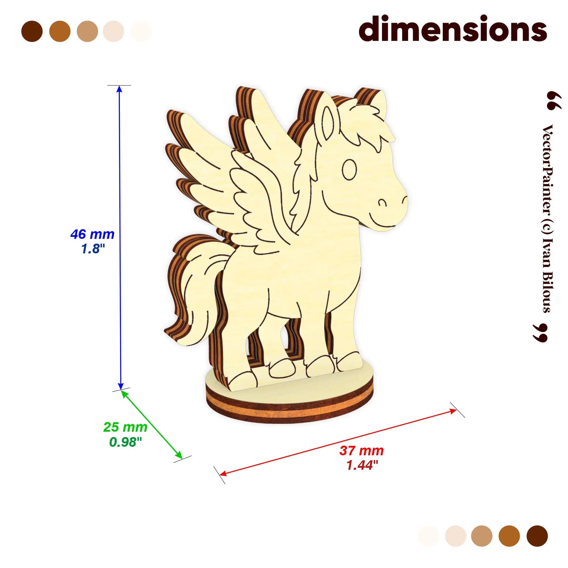 Dimensions diagram for a laser cut plywood Pegasus figurine. Measures 46mm height, 37mm length, and 25mm width. Detailed scale.