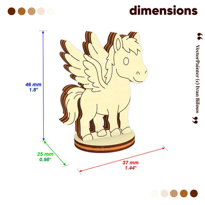 Dimensions diagram for a laser cut plywood Pegasus figurine. Measures 46mm height, 37mm length, and 25mm width. Detailed scale.