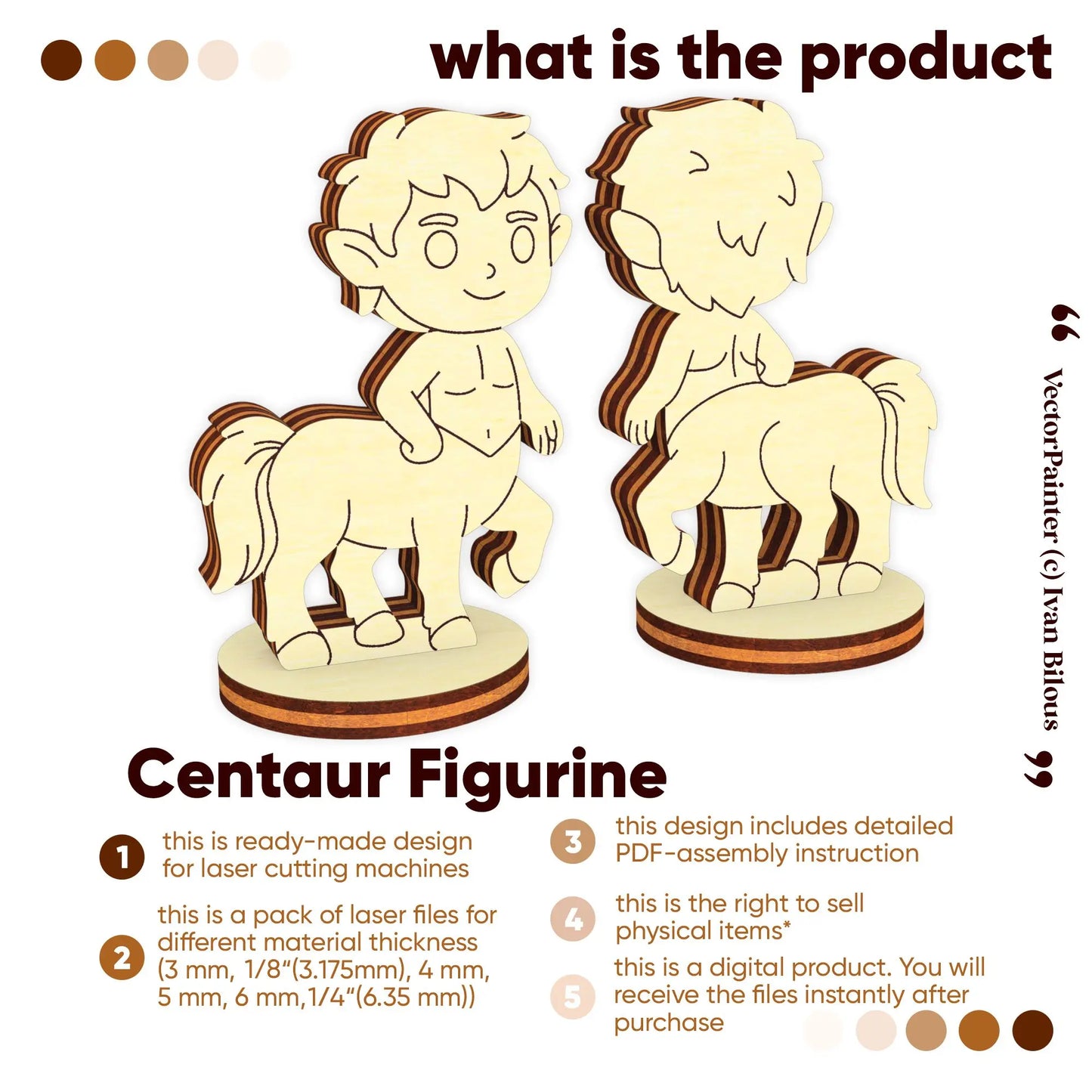 Front and back views of a centaur figurine in laser cut plywood. Infographic lists file formats and commercial use rights.