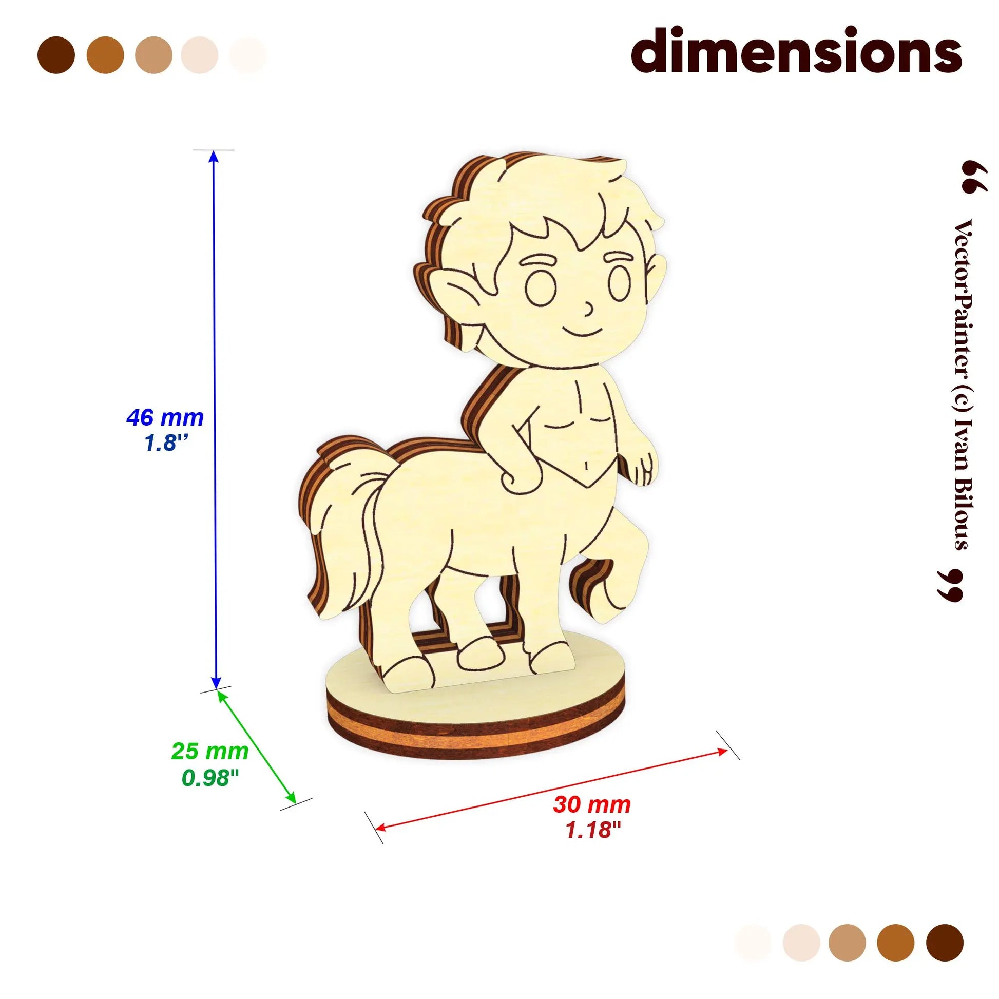 Dimensions of the laser cut plywood centaur: 46mm height, 30mm width, and 25mm base diameter. Product measurement infographic.