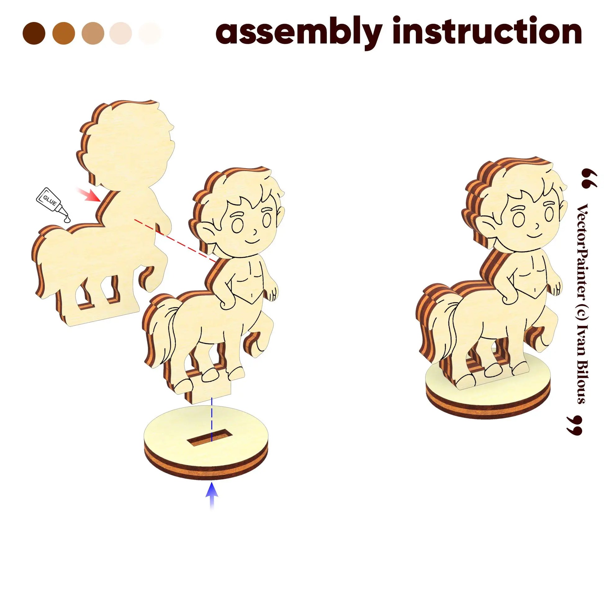 Assembly instruction for a laser cut plywood centaur figurine: exploded view shows gluing layers and fitting into the base.