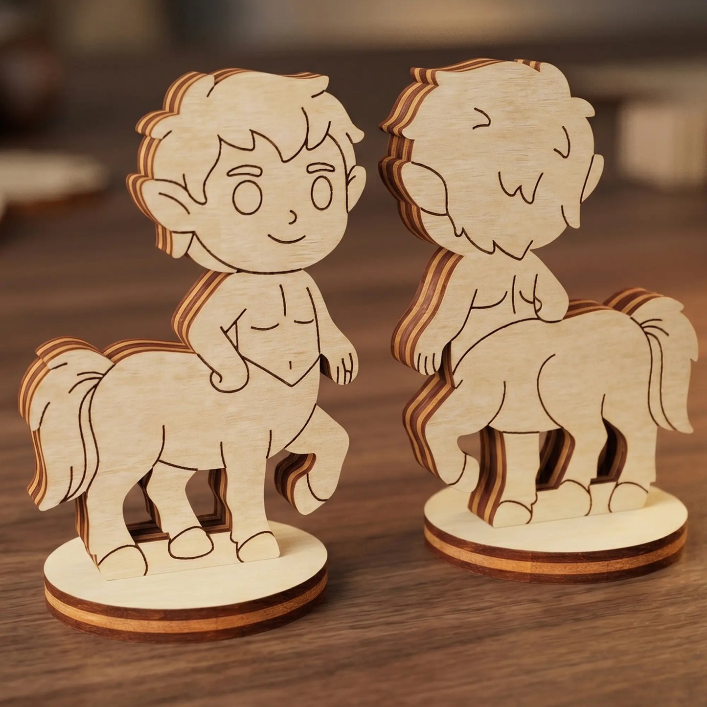Front and back view of a chibi centaur figurine made of laser cut plywood, standing on a round base on a rustic wood table.