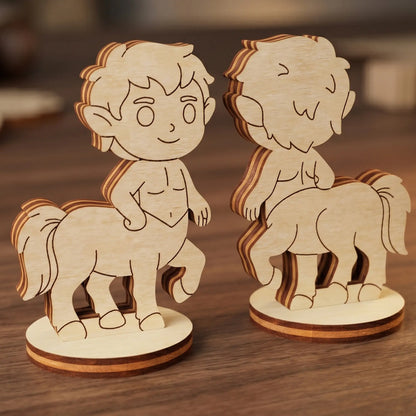 Front and back view of a chibi centaur figurine made of laser cut plywood, standing on a round base on a rustic wood table.