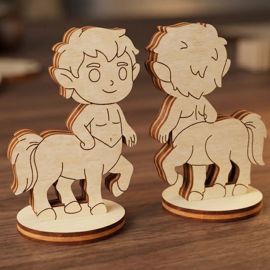 Front and back view of a chibi centaur figurine made of laser cut plywood, standing on a round base on a rustic wood table.