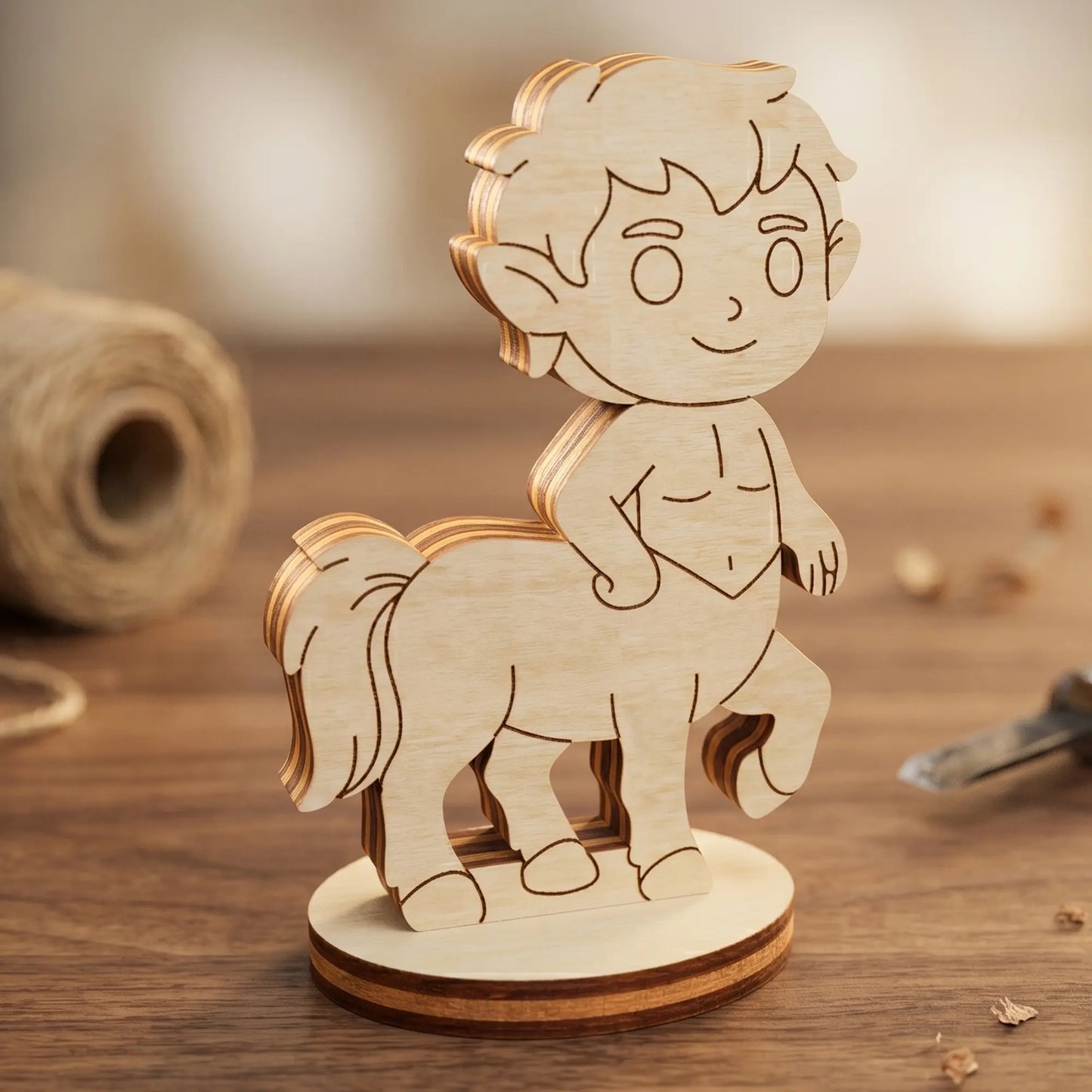 Detailed front view of a laser cut plywood centaur miniature with engraved features, standing in a workshop with twine nearby.
