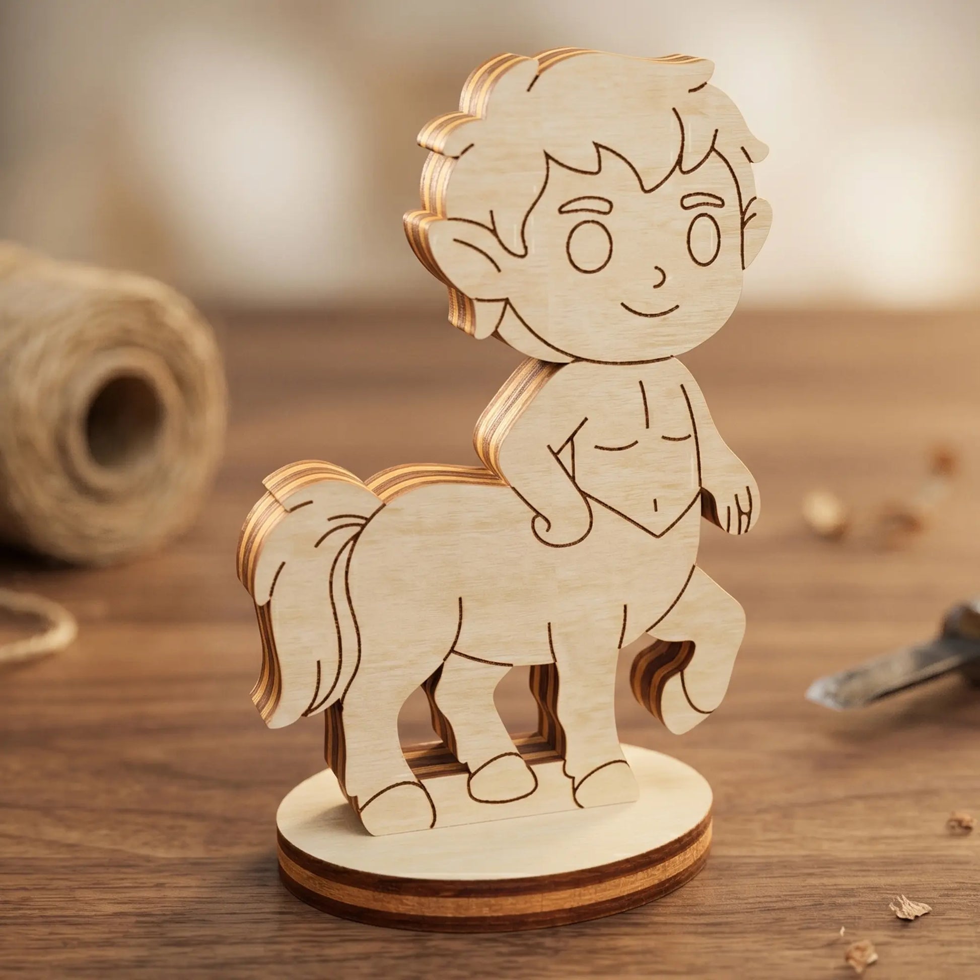 Detailed front view of a laser cut plywood centaur miniature with engraved features, standing in a workshop with twine nearby.